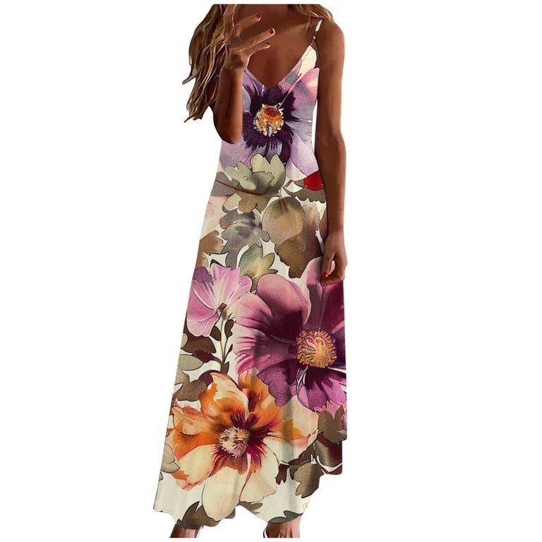 Cagogo Ladies Summer Floral Swing Flowy Maxi Long Cami Sun Dress Graduation Dresses Plus Size Sleeveless Spaghetti Strap V Neck Going Out White Bridal