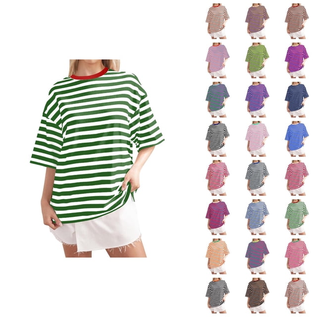 T-shirts Rayés pour Femmes 2026 Été à la Mode Manches Courtes Col Rond Confortables Légers