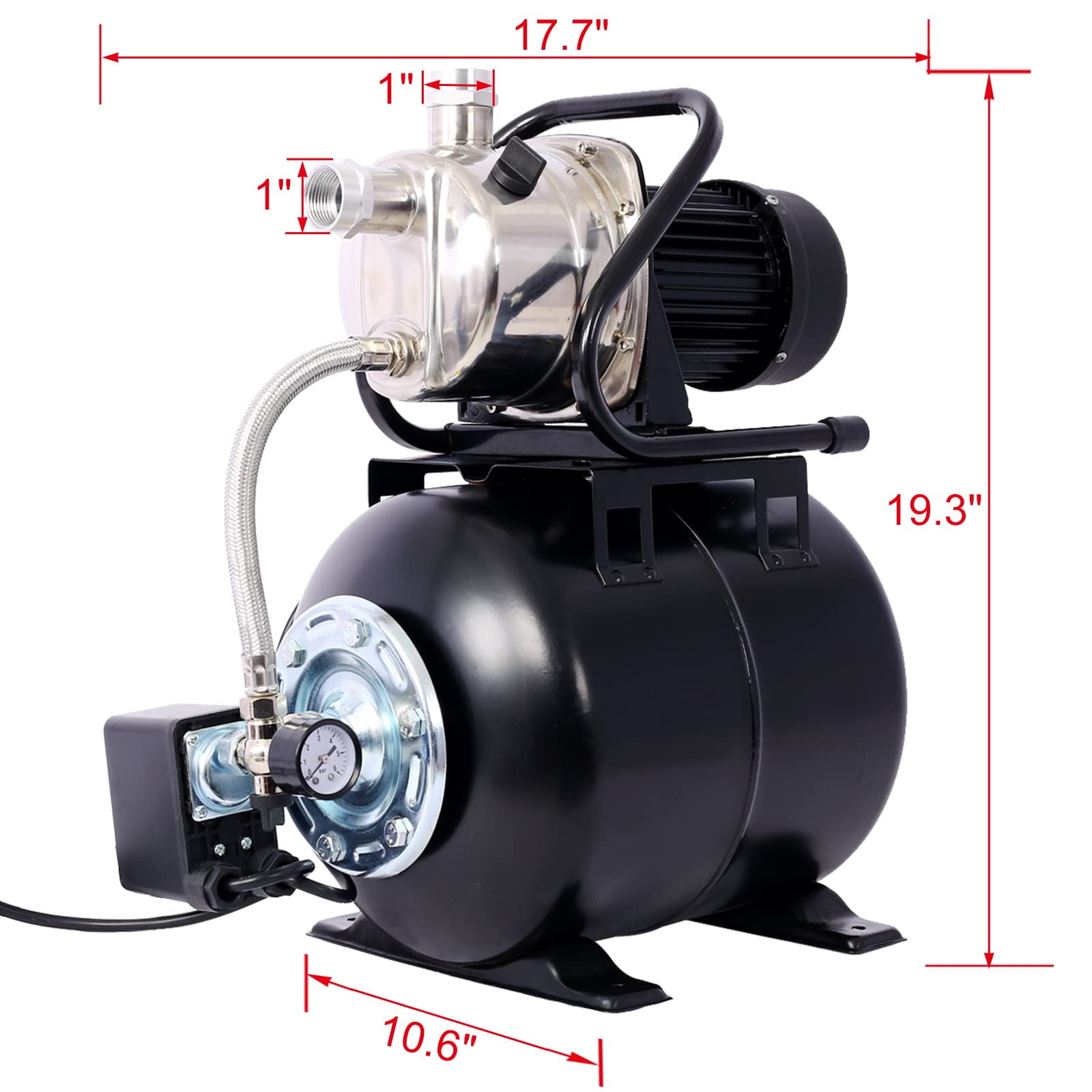 1.6HP Shallow Well Pump with Pressure Tank, 1000 GPH Garden Jet Pump, Irrigation Pump, Automatic Water Booster Pump for Home Garden Lawn Farm