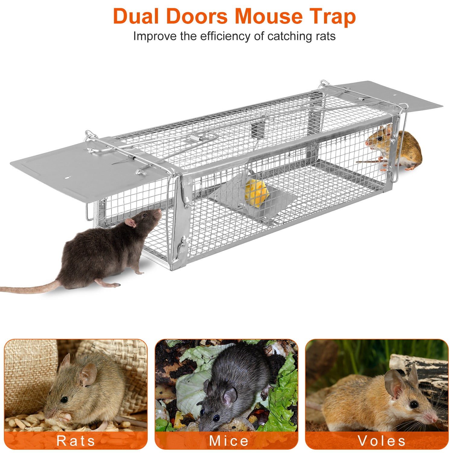 iMountek Humane Animal Live Cage Rat Cage Trap with 2 Doors for Mice, Rat Trap Cage with 2 Detachable U Shaped Rod for Hamsters Chipmunks Rodents Control