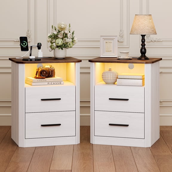HUJAUU Nightstand Set of 2 with Charging Station & Open Shelf, LED Bedside Table with 2 Drawers for Bedroom Living Room, Beveled Edge, White Brown
