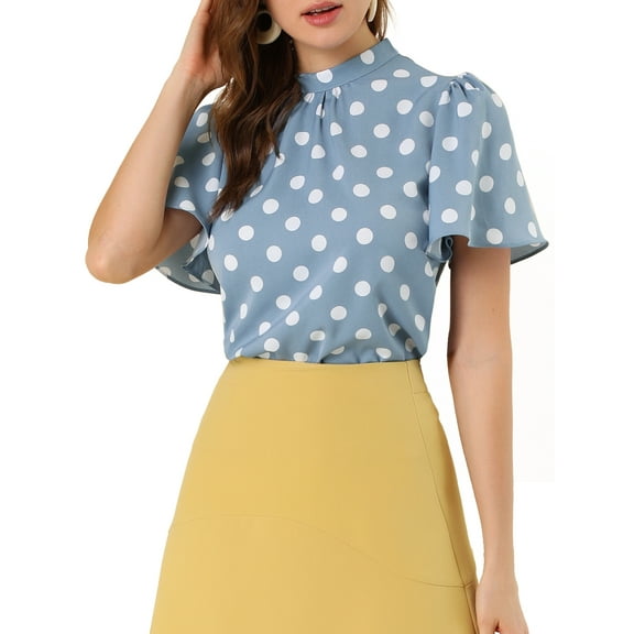 MODA NOVA Junior's Dots Stand Collar Short Sleeve Blouse Blue S