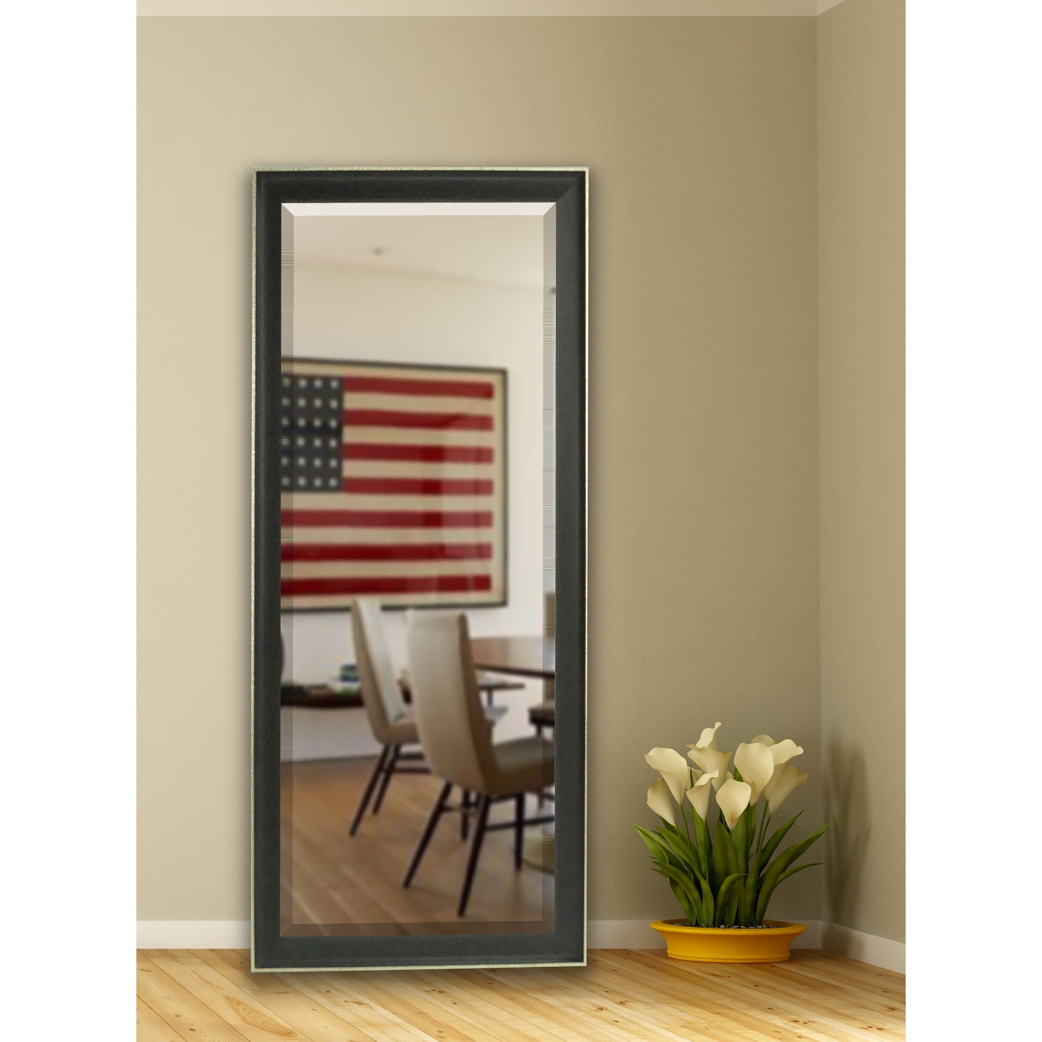 American Made Vintage Floor Mirror Black Silver Edge Extra Tall Rectangle