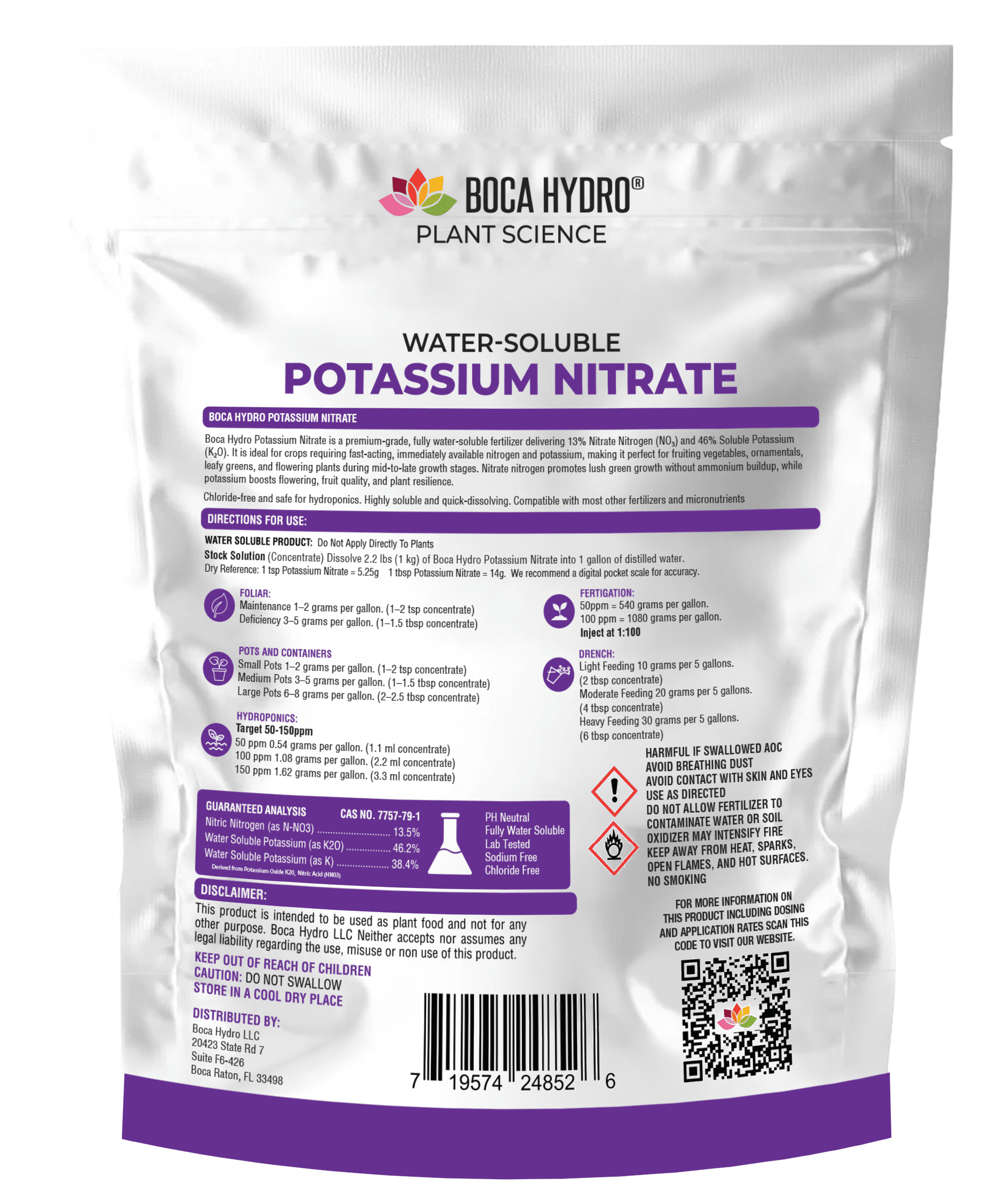 Boca Hydro Potassium Nitrate 13-0-46 – Premium High-Purity Water-Soluble Fertilizer for Hydroponics, Fertigation, Foliar Feeding & Soil – Fast-Acting Nitrogen & Potassium Boost for Fruits, Vegetables