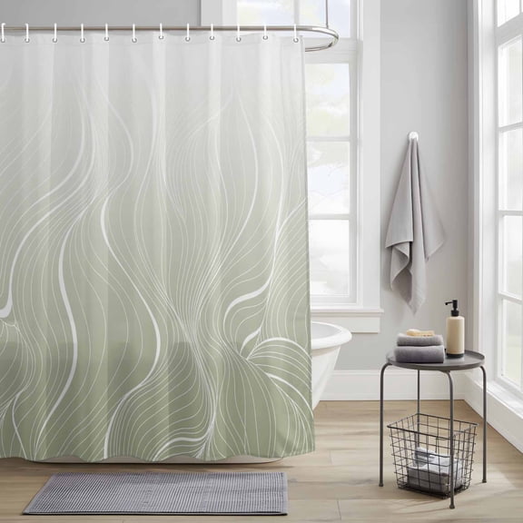 Ombre Sage Green Stripes Fabric Shower Curtain for Bathroom Waterproof Polyester Bath Curtain with 12 Hooks Striped Lines Waves Gradient Washable Shower Curtain with Grommets 36"x78"
