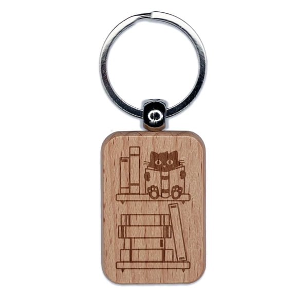 Book Tracker Cat on Shelf Rectangle Keychain Charm Tag - Engraved Wood