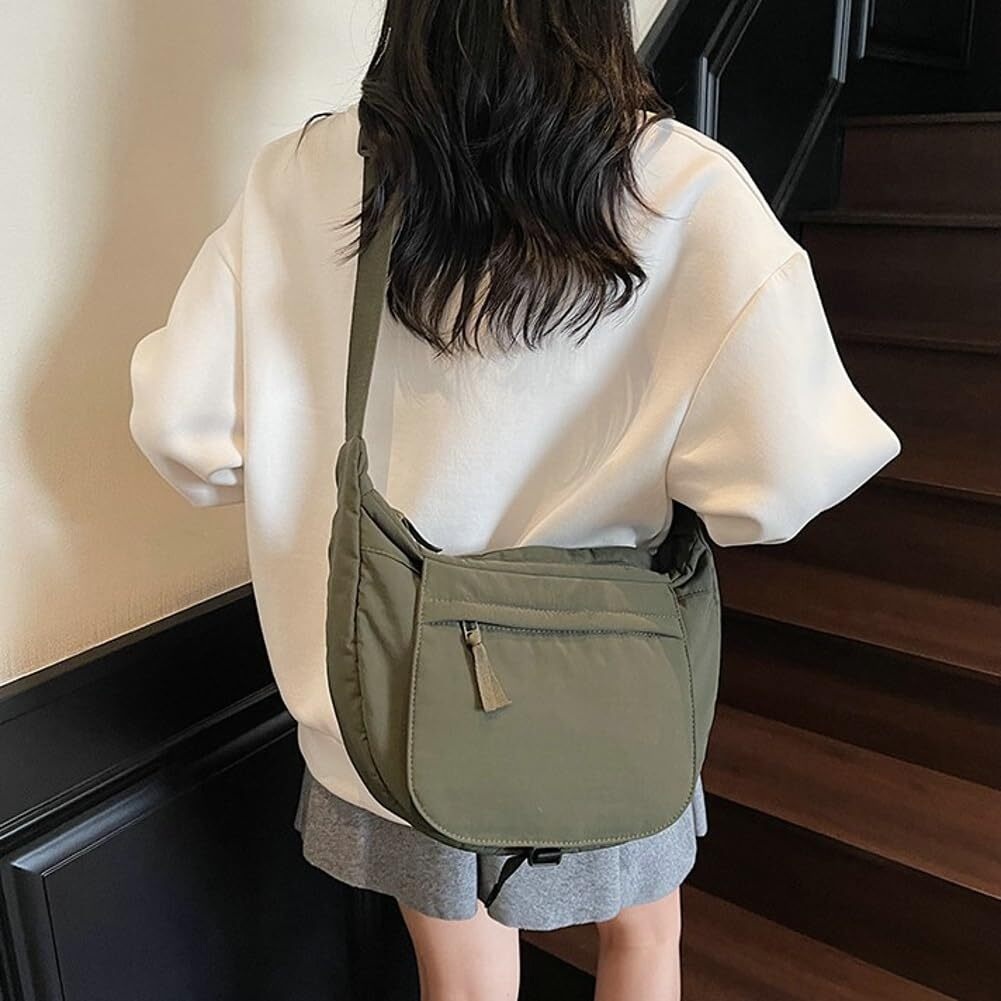 LKJYER Slouchy Nylon Bags for Women 2025 Crescent Crossbody Bag Hobo Shoulder Purse Work Travel Tote Handbag Everyday Purses