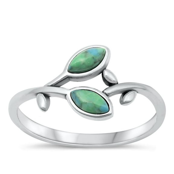 Simulated Turquoise Ring .925 Sterling Silver Leaf Branch Band Blue CZ Jewelry Female Size 7