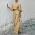 thumbnail image 6 of Womens Casual Two Piece Outfit High Neck Puff Sleeve Crop Top High Waist Wide Leg Pants Textured Casual Set Khaki L(L), 6 of 8
