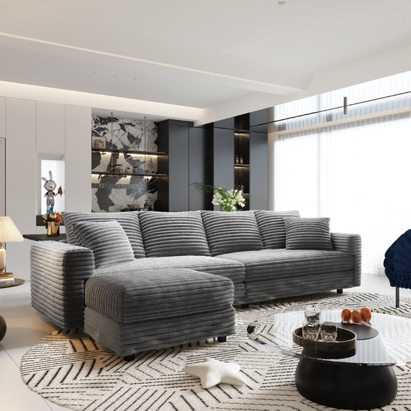 102.4 "Plush Corduroy Sofa Couch Convertible Sofa Lounge Chair , 4-Seat Modern Comfy Upholstered Cloud Sofa Couch with Deep Seat Couches Soft Pillows and Movable Ottoman for Bedroom, Apartment, Gray