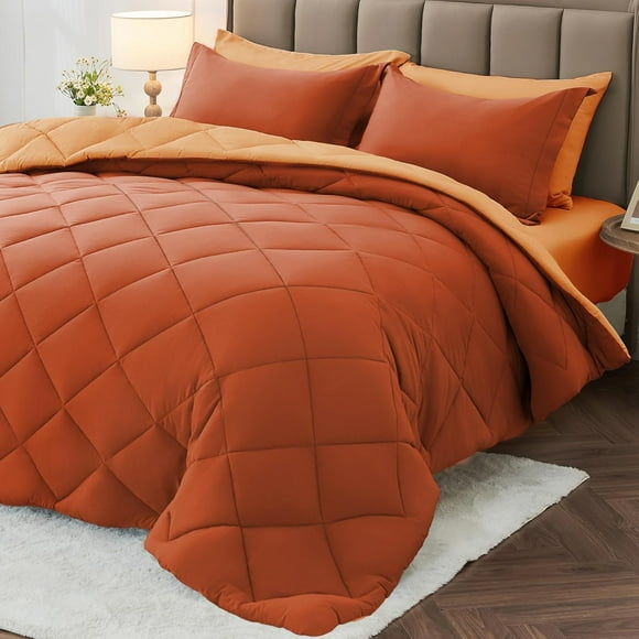 MUXHOMO 7 Pieces Queen Comforter Set, Reversible Bed in a Bag Queen Size, All Season Queen Bedding Set with Comforter, Flat Sheet, Fitted Sheet, Pillowcases & Shams, Burnt Orange & Camel
