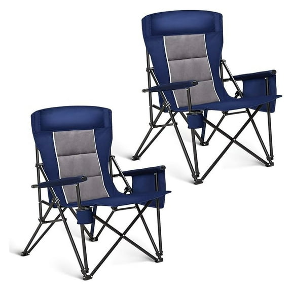 Oversized Camping Chairs for Adults, High Back Heavy Duty Lawn Chair Support 500LBS, Padded Portable Collapsible Chair with Cup Holder, Blue, 2 Pack