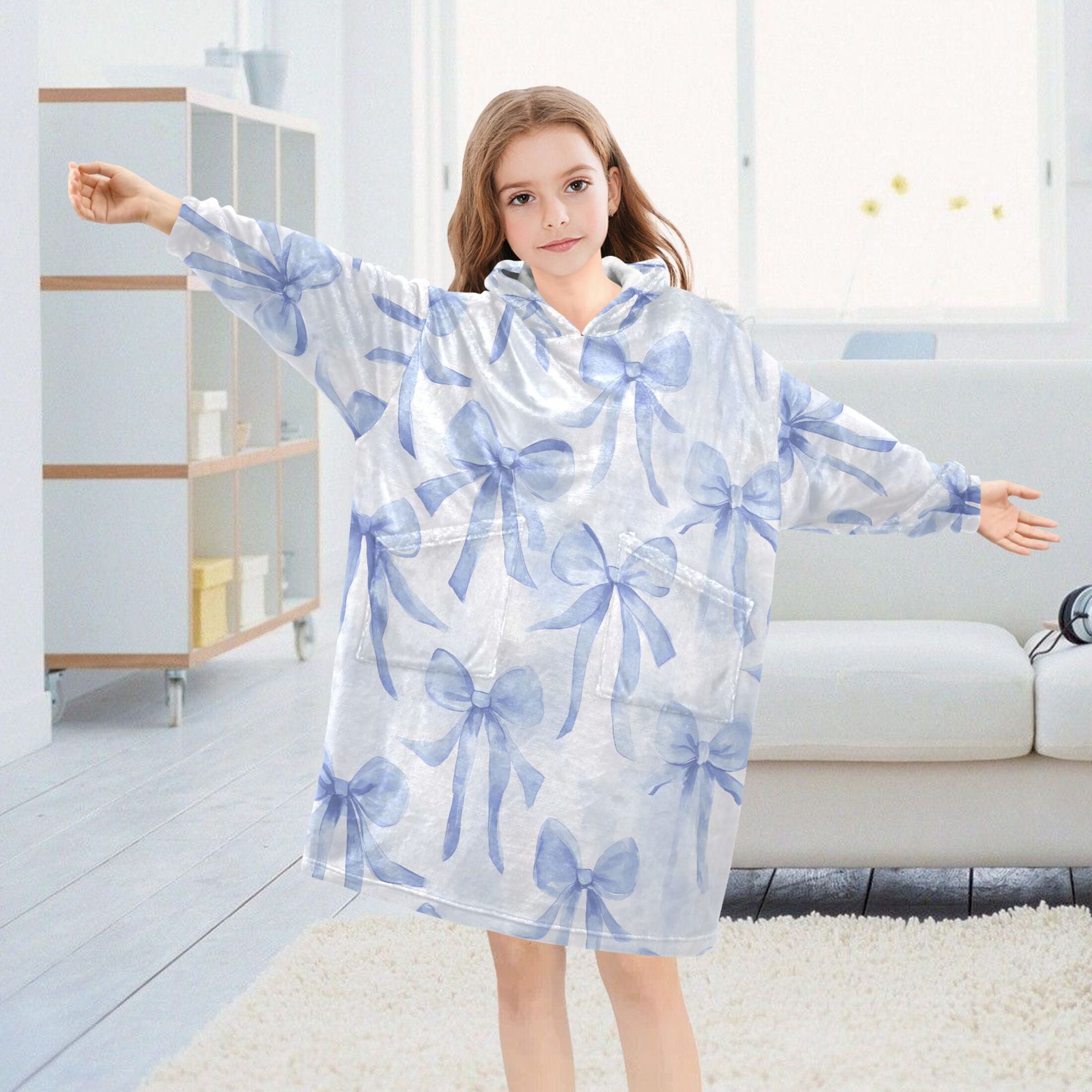 joogoo Wearable Blanket Hoodie for Watercolor Bow Blue Flannel Sherpa Pocket 3-14 YR S