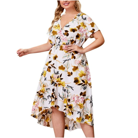 AOOCHASLIY Summer Clothes Womens Dresses Plus Size Fashion Women V-Neck Floral Printing Ruffle Hem Short Sleeve Dress
