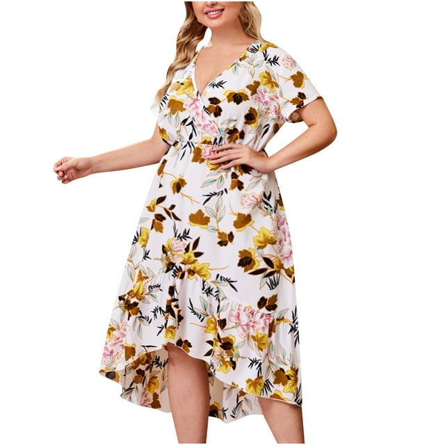 Plus Size Fashion Women V-Neck Floral Printing Ruffle Hem Short Sleeve Dress