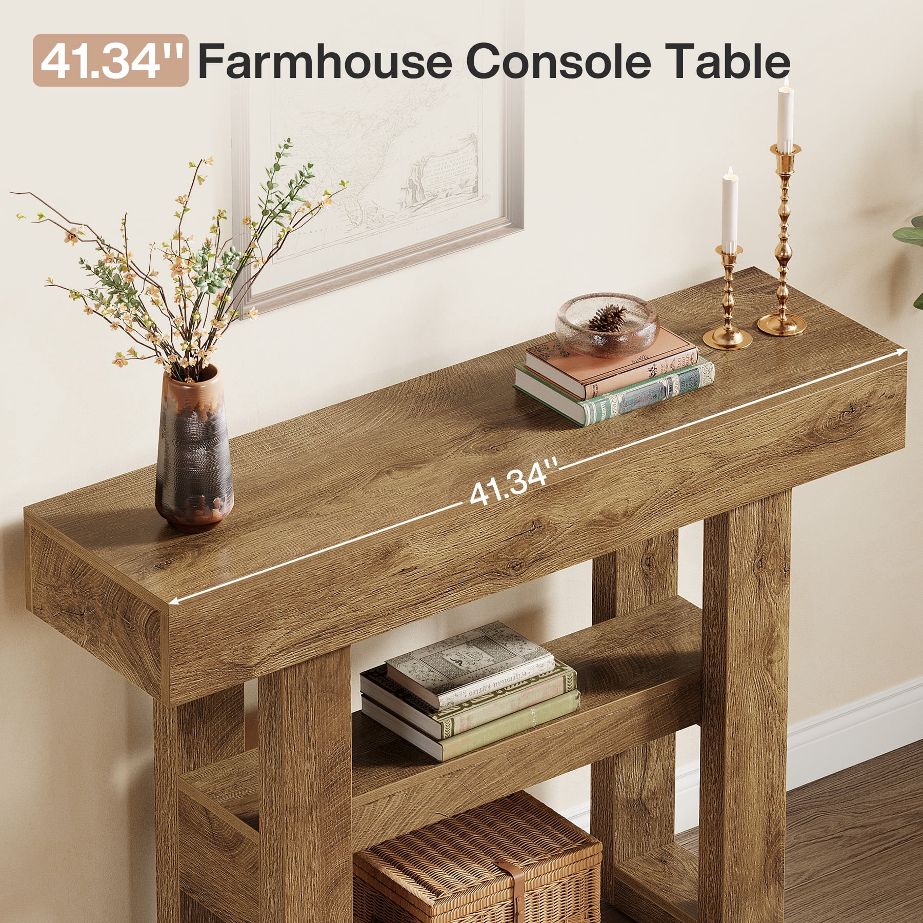Tribesigns 41.34-Inch Farmhouse Console Table, 2-Tier Narrow Sofa Table Behind the Couch, Entryway Furniture with Storage Shelves for Living Room, Hallway, Foyer, Natural Brown