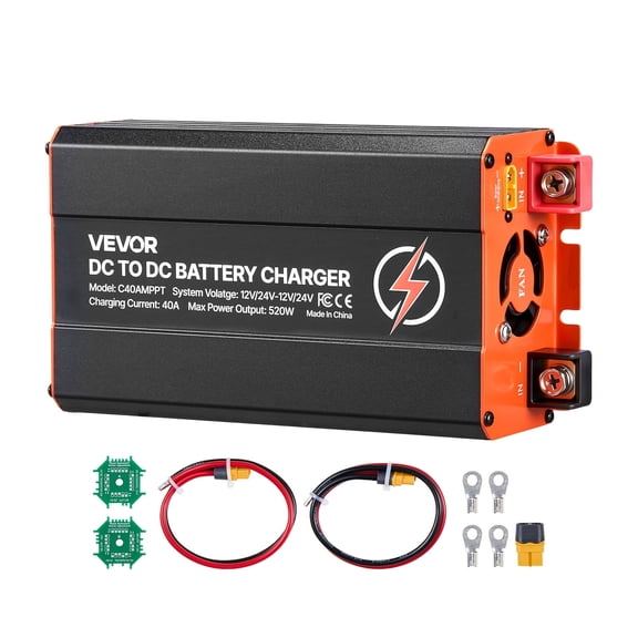 VEVOR DC to DC Charger with MPPT, 520W, 40A On-Board Battery Charger, Solar Panel/Alternator Dual Input, Smart Multi-Stage Charging for LiFePO4 Lead-Acid Batteries, 12V/24V-12V/24V, for RV Home