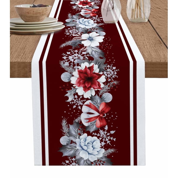 Christmas Botanical Burlap-Cotton Table Runner 70 Inches Long,Xmas Poinsettia Botanical Red Farmhouse Table Runners,Outdoor Dining Tablecloths Decor for Baby Shower Party Wedding 13x70