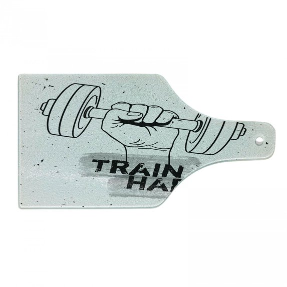 Fitness Cutting Board, Hand Holding a Dumbbell Grunge Sketch Get Strong Train Hard Illustration, Decorative Tempered Glass Cutting and Serving Board, Wine Bottle Shape, Black Grey White, by Ambesonne
