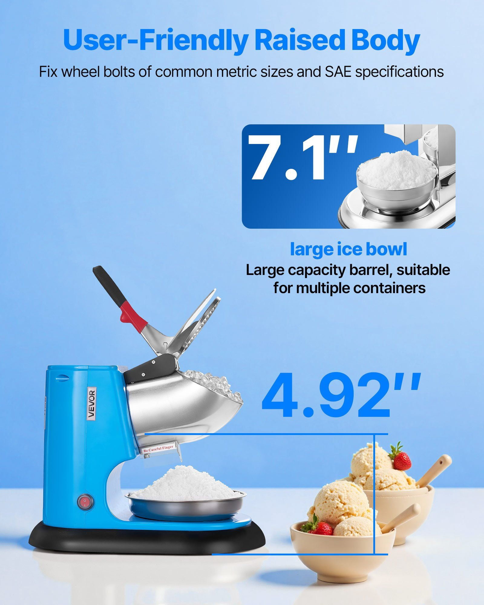 Commercial Ice Crusher 220LBS/H - Electric Snow Cone Machine with Shaving Function, Blue
