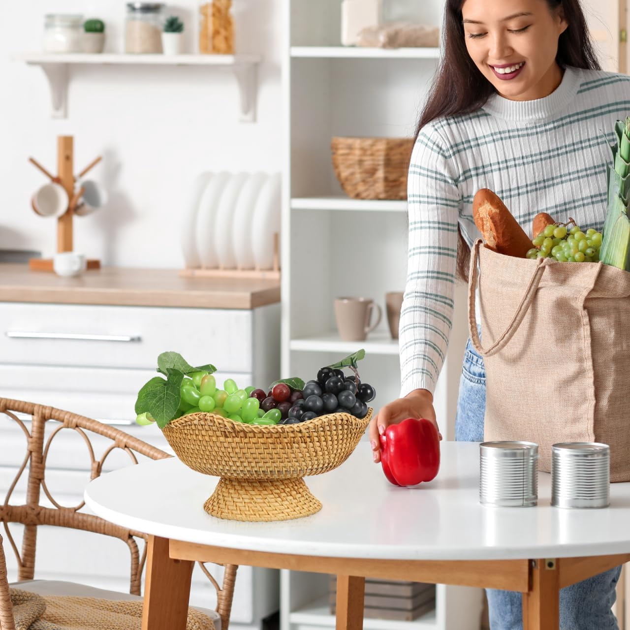 Supbessel Rattan Fruit Bowl, Small Round Wicker Basket, Natural Pedestal Bowl for Fruit Bread Storage Organization, Dining Table Centerpiece, 9.8''x9.8''x5.5''