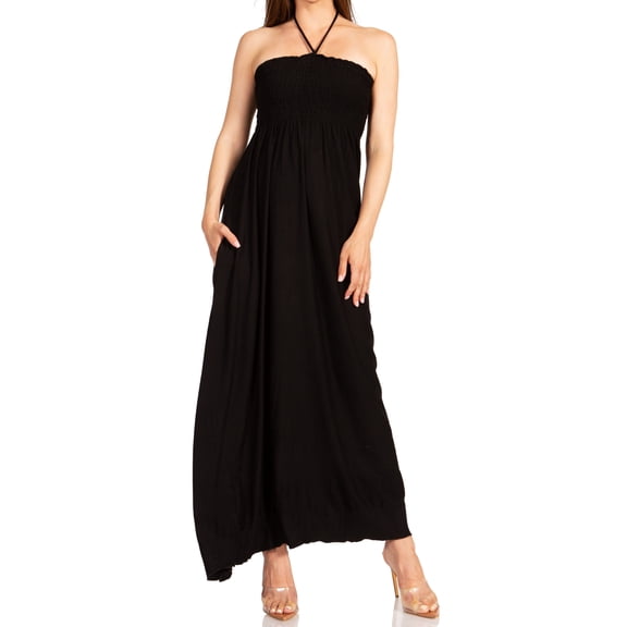 Sakkas Soft Jersey Feel Solid Color Smocked Bodice String Halter Long Dress - Black - Small