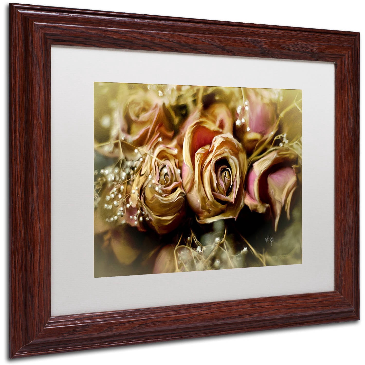 Trademark Fine Art "Painted Old Roses" Canvas Art by Lois Bryan White Matte, Wood Frame