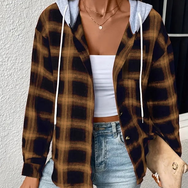 Sudadera Chaqueta informal para mujer Camisas a cuadros con botones de un solo pecho Chaquetas diarias de primavera Cgtredaw Marrón T XL para Mujer