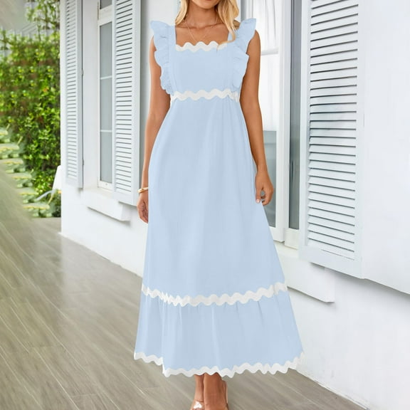 DailyTrove Women's Solid Color Square Neck Maxi Dress, Short Sleeve, Casual Garden & Brunch Wear, Lightweight Cotton Blend, Fit & Flare, Contrast Trim