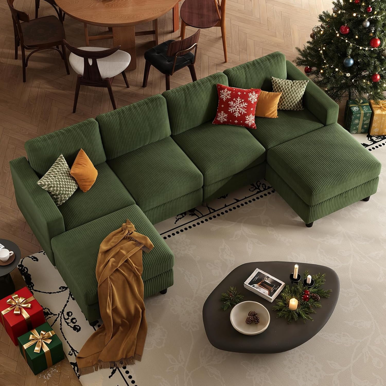 AENKYO U-Shaped Sectional Sofa Couch with 2 Ottomans, Convertible 4-Seat Living Room Furniture with Removable Cushions, Green