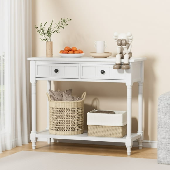 OUDOSPRS Table Console Traditionnelle, Table d'Entrée Étroite, avec Deux Tiroirs et Tablette Inférieure, Table d'Appoint en Bois pour Salon, Entrée, Couloir, Canapé (Blanc Ivoire)