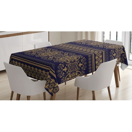 Rectangular Amber Ring - Turkish Pattern Tablecloth, Damask Style Medieval Flowers with Rich Details Horizontal Borders, Rectangular Table Cover for Dining Room Kitchen, 60 X 90 Inches, Indigo Pale Amber, by Ambesonne