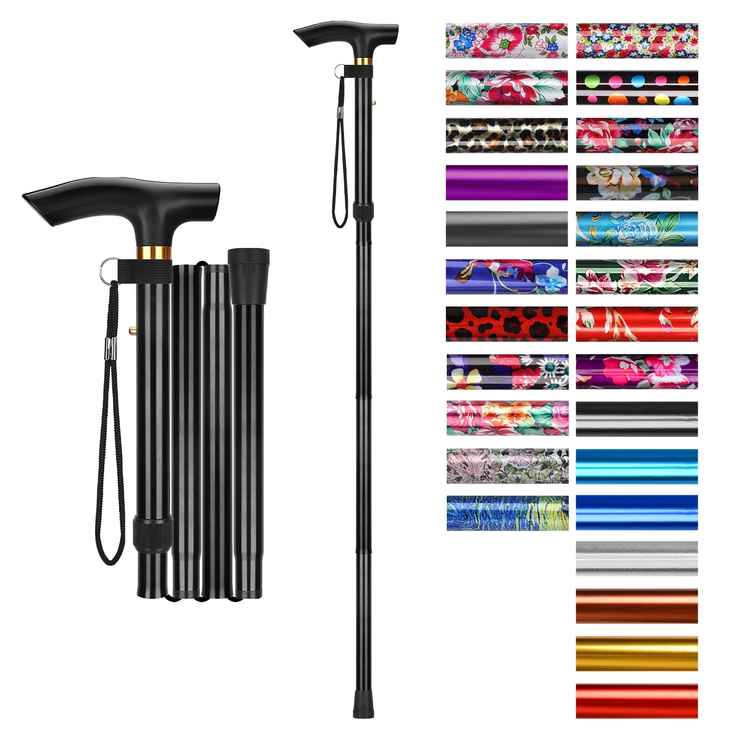 SupreGear Folding Walking Cane with T-Handle, Lightweight Adjustable Mobility Stick, 5 Height Settings,Black
