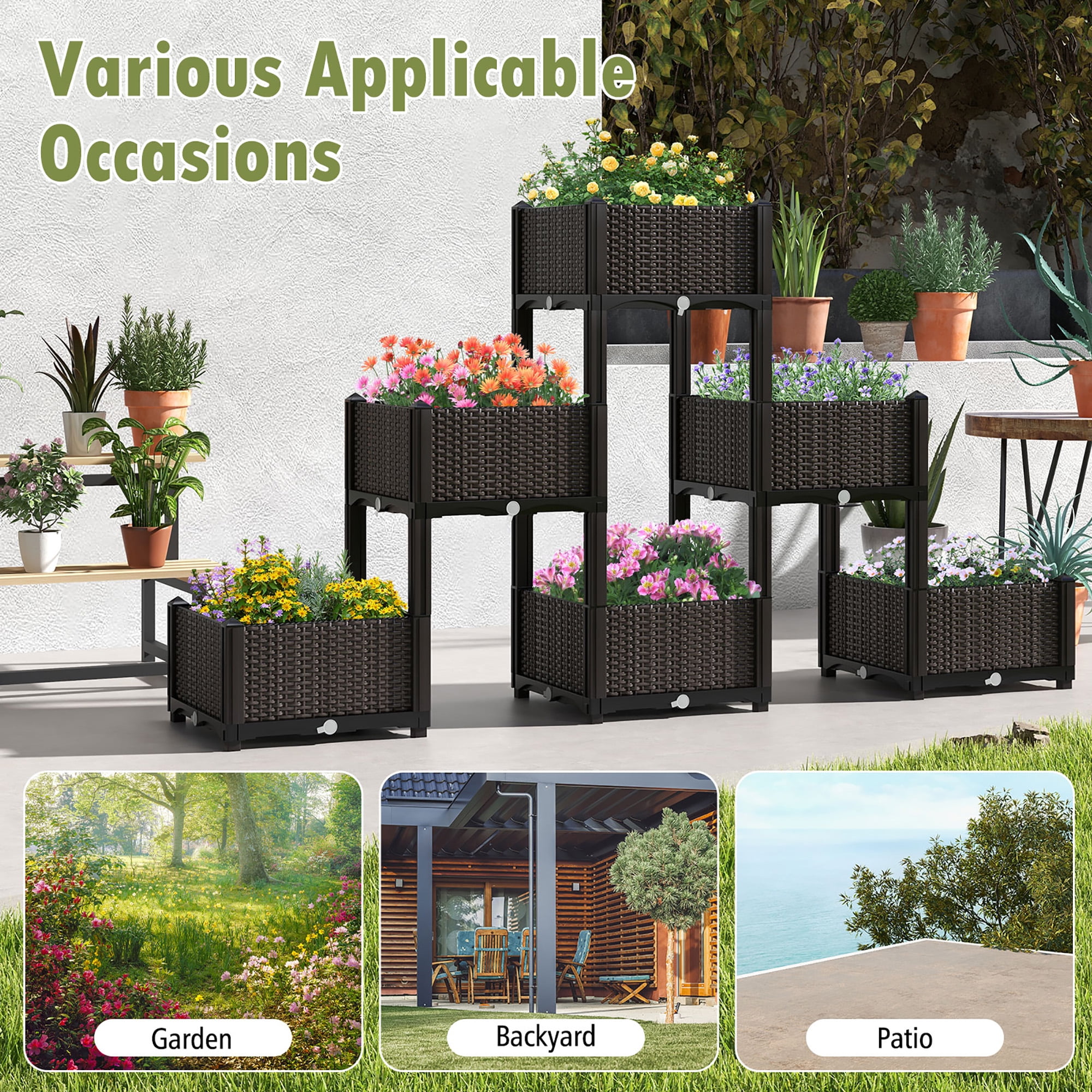 Gymax 4 PCS Elevated Plastic Raised Garden Bed Planter Kit for Flower Vegetable Grow