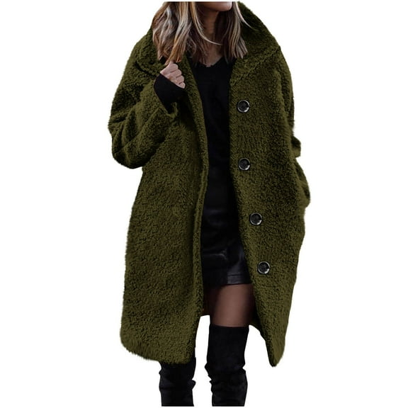 Fashion Fleece Jackets for Womens Winter Warm Plus Size Solid Color Top Button Pockets Thirt Plush Long Sleeve Coat