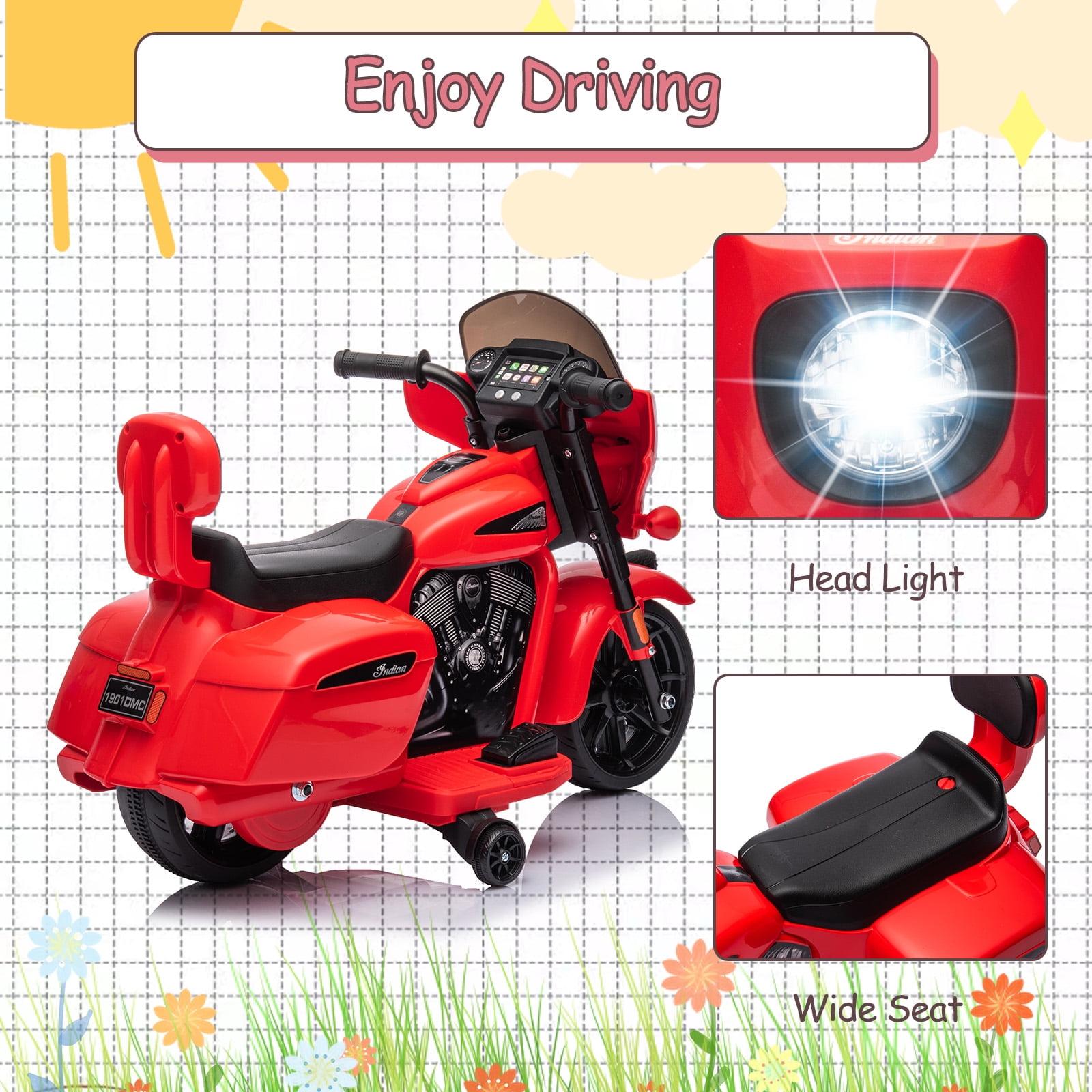 M optimized Ride on Motorcycle for Kids, 6V Electric Dirt Bike, Battery Power Motorcycle with Music and Headlight for Boys Girls 3-8 Years