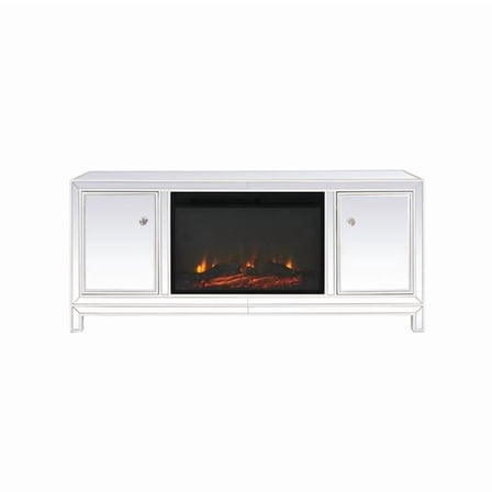 60 in. Mirrored Tv Stand with Wood Fireplace Insert, White