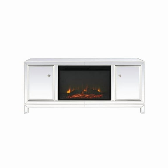 60 in. Mirrored Tv Stand with Wood Fireplace Insert, White