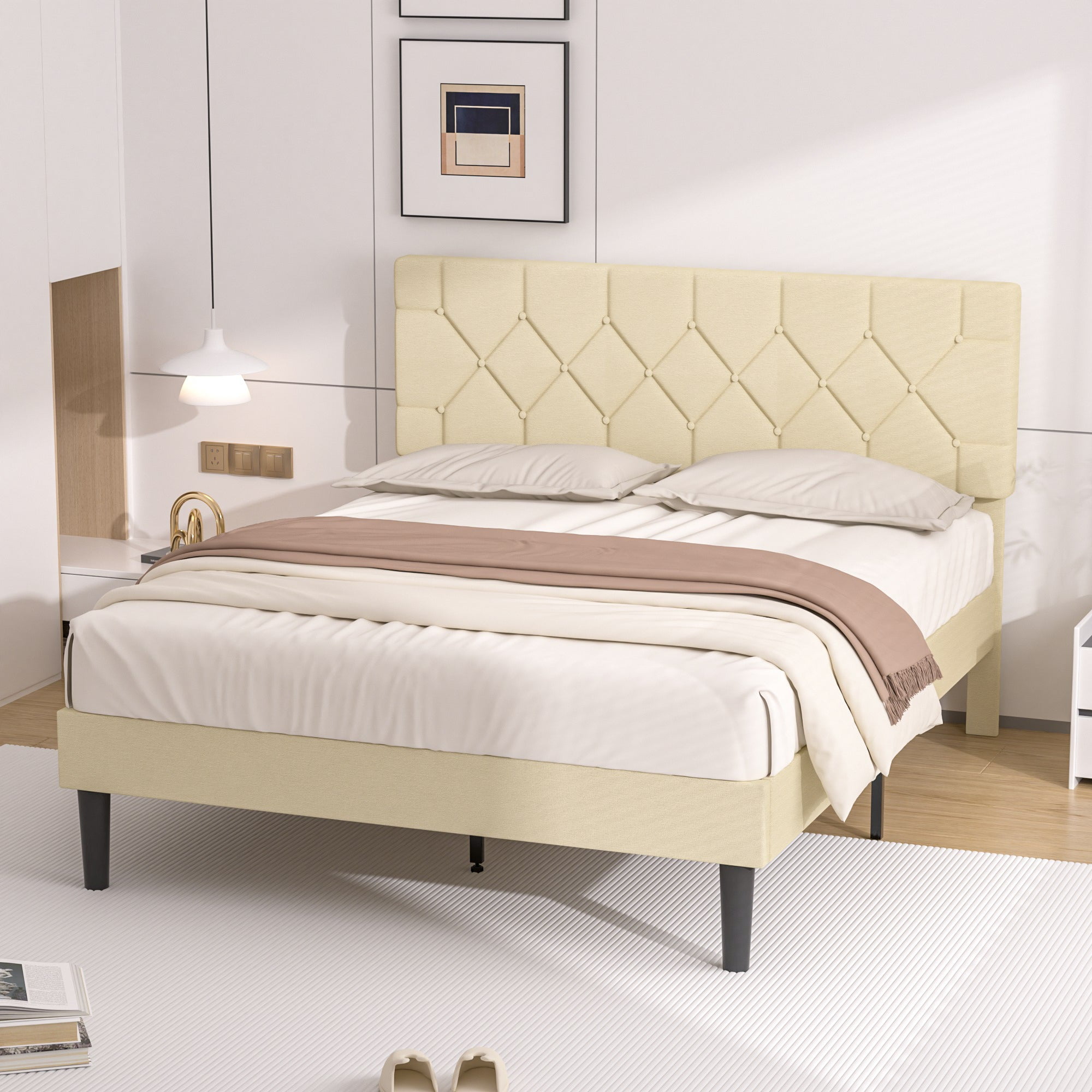 VECELO Queen Size Platform Bed Frame Upholstered Beds with Height-Adjustable Linen Button Tufted Headboard, Bed Frame, Beige