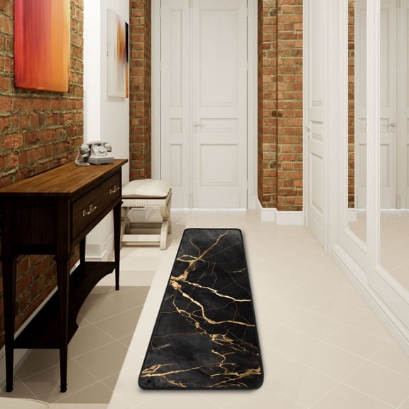 2' x 6' Hallway Runner Rugs Modern Floor Carpet Non Slip Entryway Mat Bedroom Bathroom Kitchen Golden and Black Marble