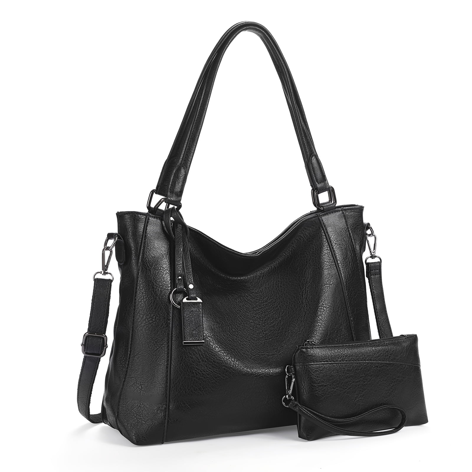 Sendefn Women's Leather Hobo Shoulder Satchel Tote Bag, Black, 2- Piece