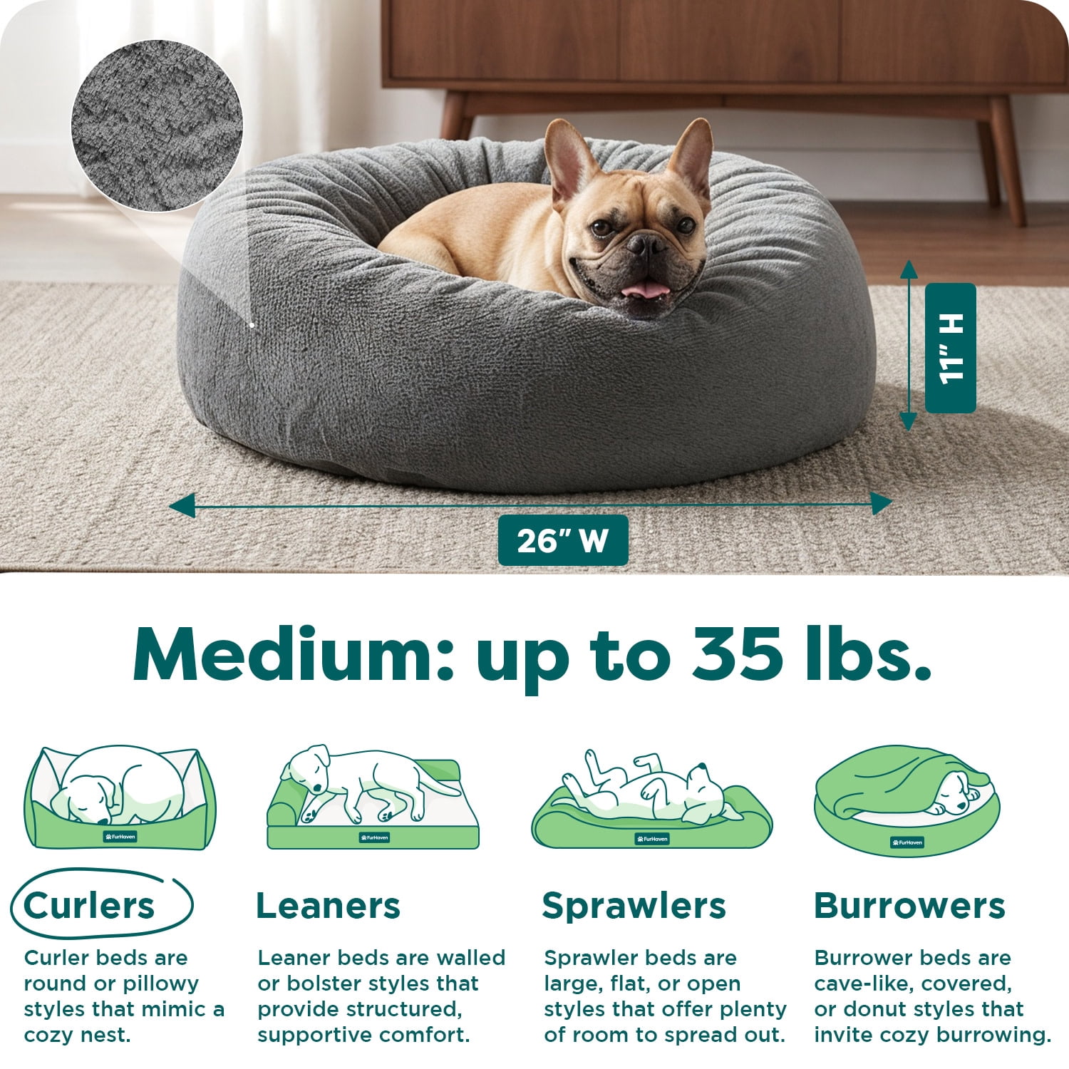 FurHaven Pet Products Round Plush Ball Dog Bed - Gray Mist, Medium - 26"