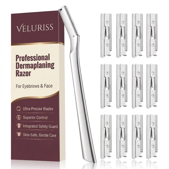 Dermaplane Razor for Women and Men, Metal Facial Hair Trimmer and Eyebrow Shaver with 12 Replacement Blades