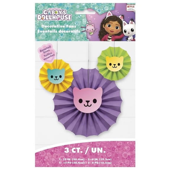 Gabbys Dollhouse Multicolor Stickers Hanging Fan Party Decorations, Set of 3