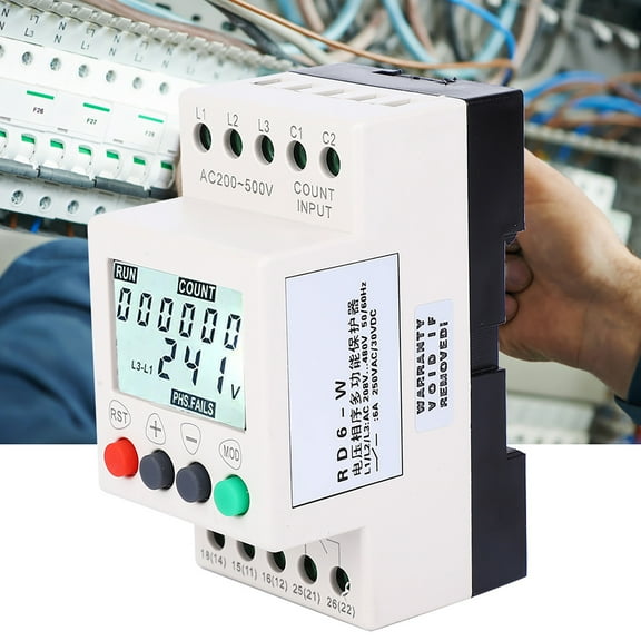 Phase Failure Protection Relay, Voltage Monitoring Rail Mounted Timekeeping With LCD Display Fault Record RD6-W 208-480VAC Pump for Fan