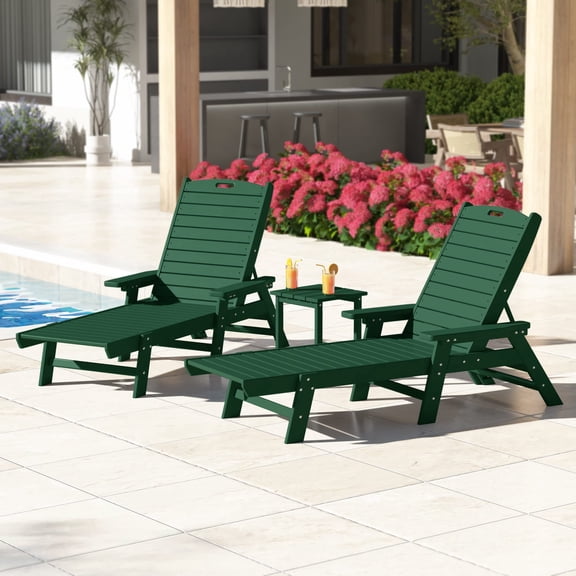 WestinTrends Malibu 3-Piece Outdoor Chaise Lounge Set with Side Table, All-Weather Poly Lumber, 5-Position Backrest, Pool Patio Furniture, Dark Green