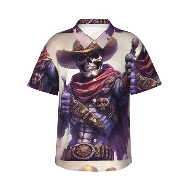 Balery Cool Skull Cowboy Camisas hawaianas de manga corta para hombre, camisas playeras de corte holgado, camisas de vacaciones con botones,XX-Large