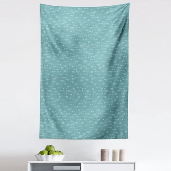 Wave Tapestry, Abstract Pattern in Calm Colors and Fish Sketches Nautical Sea Animals Doodle, Fabric Wall Hanging Decor for Bedroom Living Room Dorm, 5 Sizes, White and Pale Teal, by Ambesonne