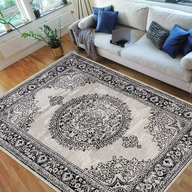 HR Traditional Rug for Living Room Antiqued Oriental Champaign & Black
