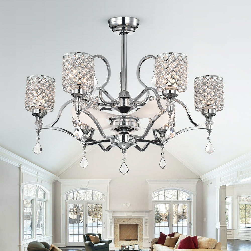 Warehouse of Tiffany Cyrus 6 Light Ceiling Fan Fandelier with Crystal Shades Remote Controlled